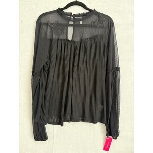 Xhilaration Womens Black Sheer Burnout Dot Mock Neck Ruffled Peplum Blouse XL‎